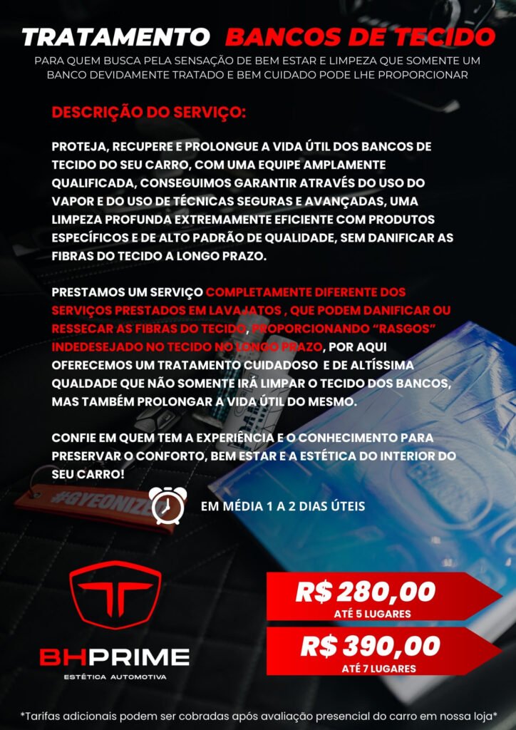 Limpeza profunda e higienização de bancos de tecido automotivos.